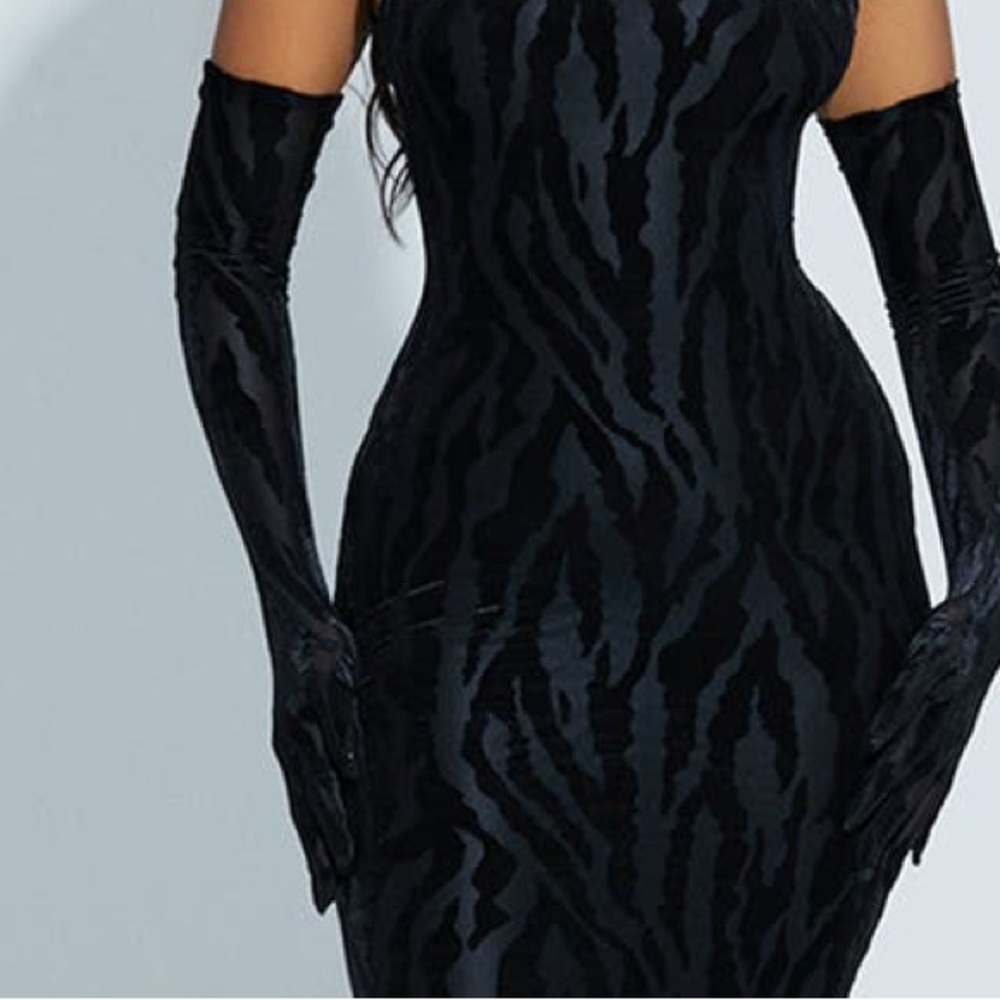 NAKED WARDROBE OH SO WILD LONG TIGER PRINT VELVET GLOVES BLACK OS NWT
